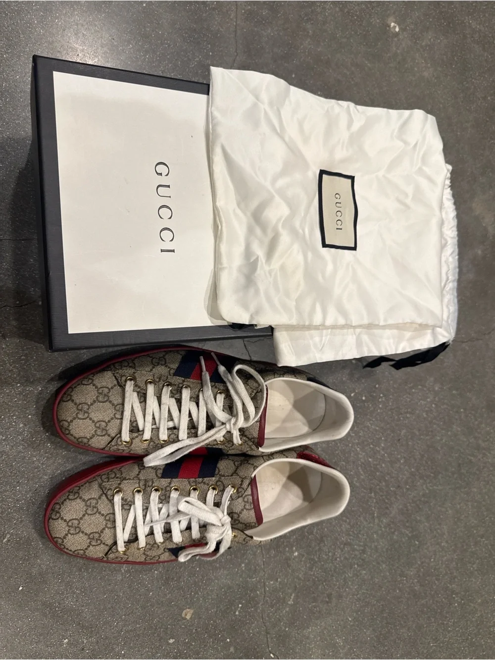 Gucci GG Supreme Canvas Sneakers with Red Trim and Navy Stripes